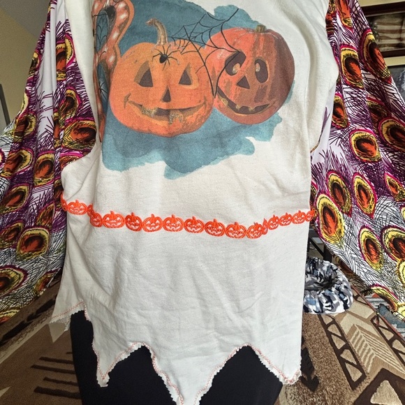 Fun Halloween Pumpkin Top with Colorful Sleeves.  Upcycled handmade! - Picture 2 of 5